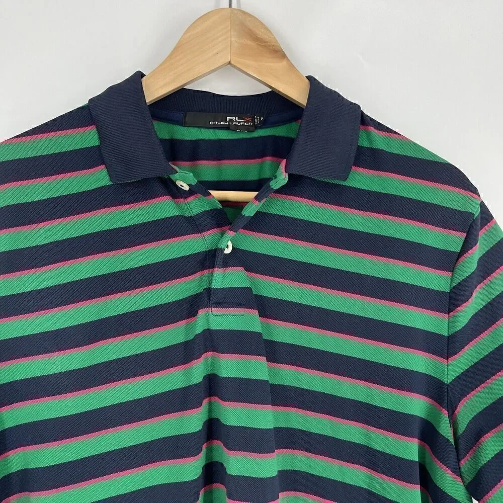 RLX Ralph Lauren Polo Shirt Size Medium Mens Navy Green Pink Golf Striped Wick